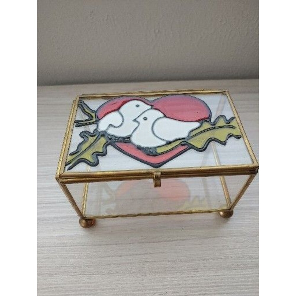 Vintage Stained Glass Brass Jewelry Box w Red Valentine Heart Plus 2 White Doves